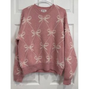 &merci Womens Pink Bow Fuzzy Knit Sweater Coquette Intarsia Crewneck Large L
